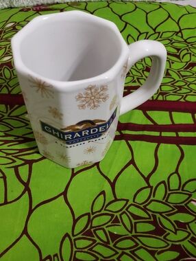 GHIRARDELLI Chocolate White Ceramic Mug with Gold Snowflake and Blue Logo